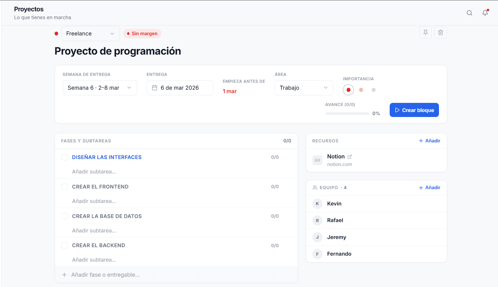 Detalle de un proyecto con su «empezar antes de» y la barra de margen.